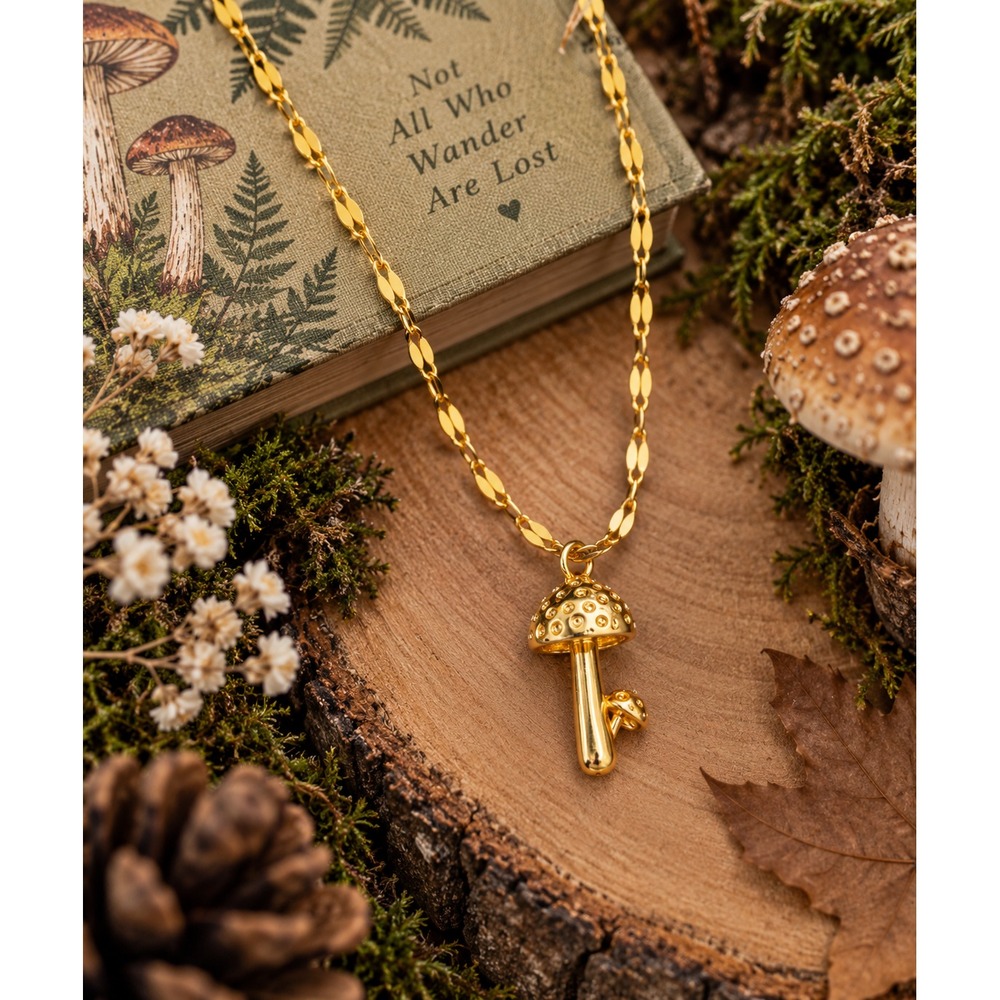 Gold Mushroom Necklace Spotted Toadstool Pendant Fairy Woodland Jewelry 18"